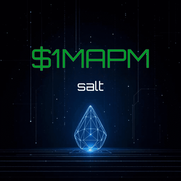 Futuristic graphic depicting a glowing geometric diamond shape with the words '$1MAPM' in green and 'salt' in white against a dark, starry background.