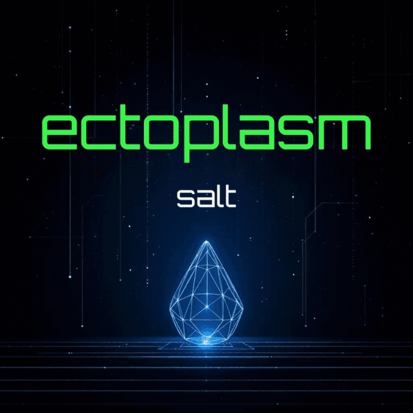A digital artwork featuring the word 'ectoplasm' in green at the top and 'salt' in white beneath it, with a geometric, glowing blue crystal shape below, set against a dark, starry background.