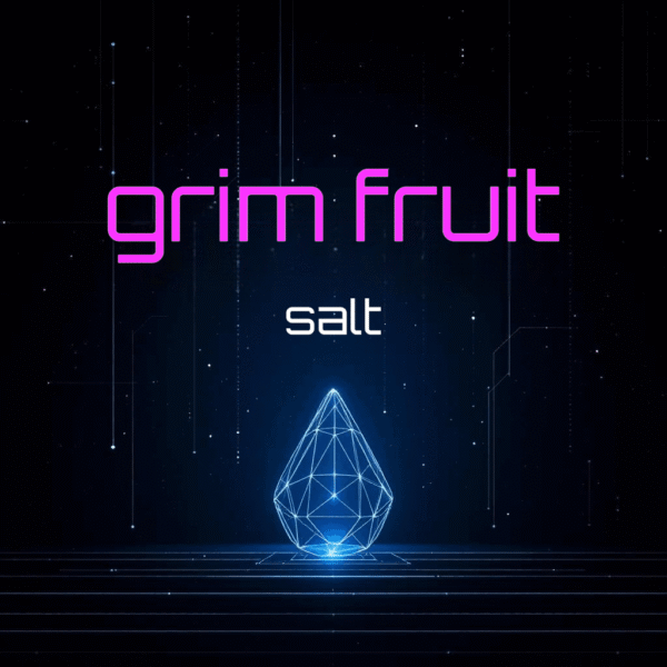 A digital artwork featuring the words "grim fruit" in pink and "salt" in white against a dark, starry background, with a geometric, glowing blue shape resembling a crystal below the text.