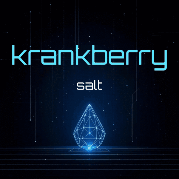 A digital design featuring the text 'krankberry' in bold blue letters above 'salt' in smaller white letters, with a geometric blue crystal shape below, set against a dark background with a grid and abstract lines.