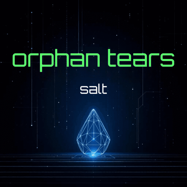 A digital design with the words 'orphan tears' in green text and 'salt' in white text above a glowing geometric shape resembling a crystal.