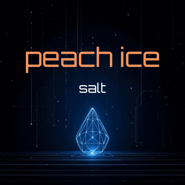 Futuristic design with the words "peach ice" in orange and "salt" in white above a glowing digital droplet on a dark background.