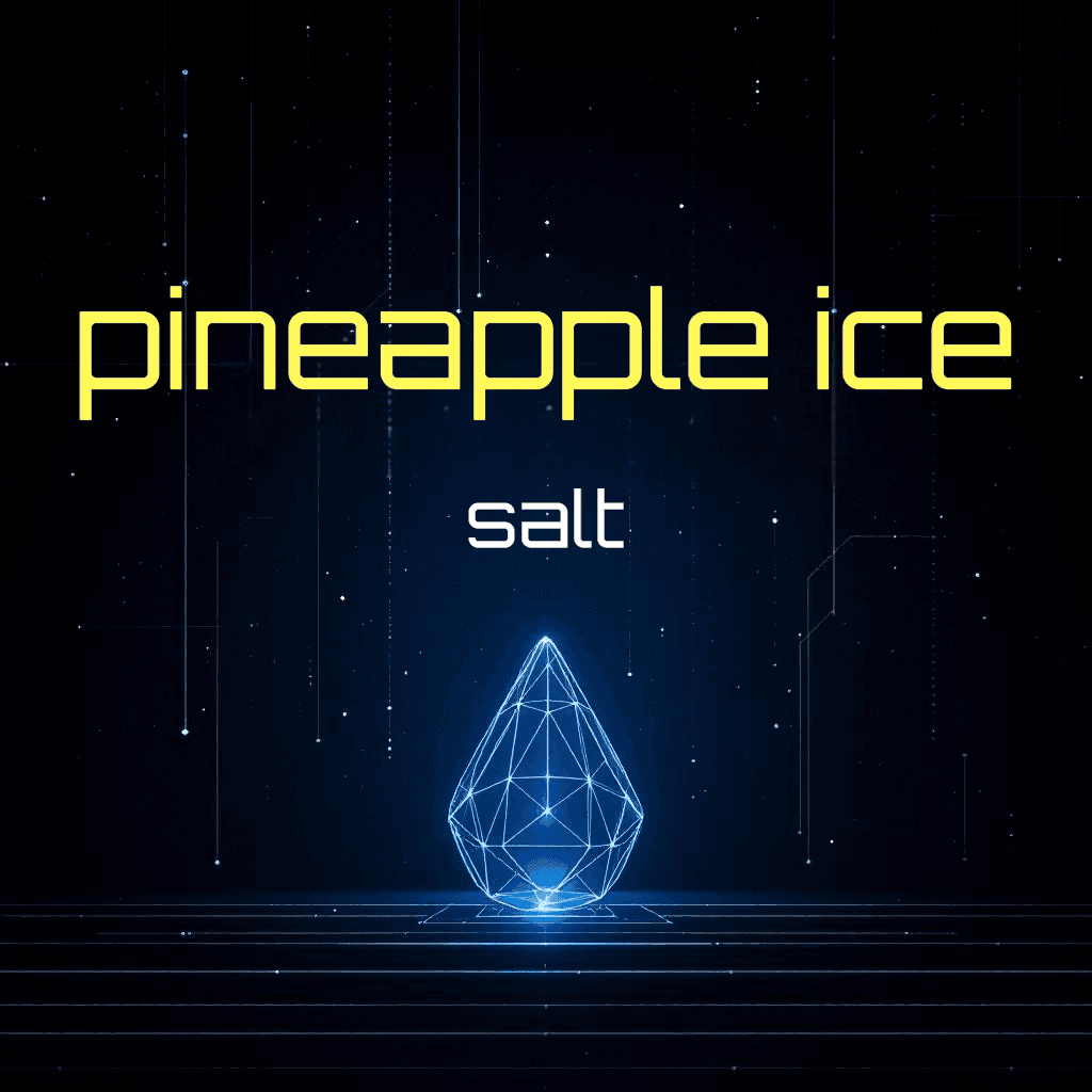 A digital artwork with the words "pineapple ice" in bright yellow, and "salt" in white beneath, over a black background featuring a glowing geometric raindrop shape.