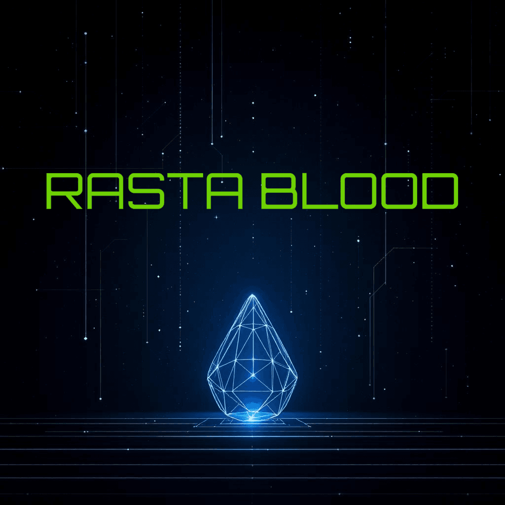 Fuzion Flavor Rasta Blood vape juice with digital glow design.