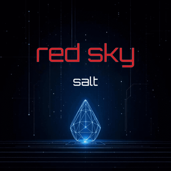 Abstract image featuring the words 'red sky' in red and 'salt' in white, above a geometric, glowing blue crystal shape on a dark background with subtle digital elements.
