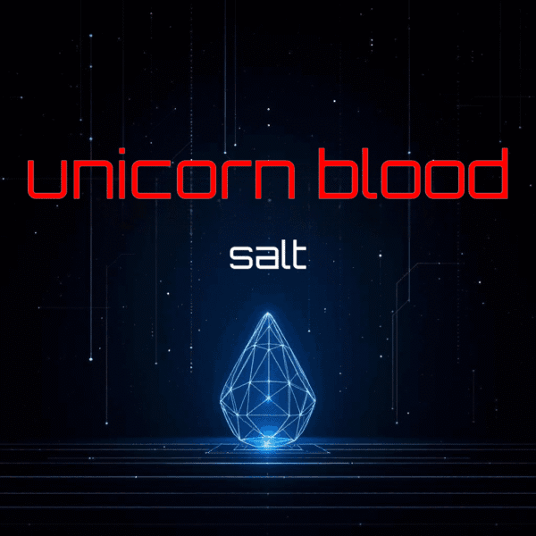 A futuristic, digital design featuring the words "unicorn blood" in red and "salt" in white above a glowing geometric crystal shape on a dark blue background.