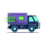Futuristic delivery truck illustration in purple and mint colors.