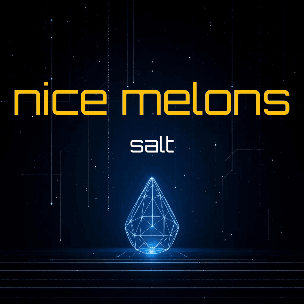 Digital artwork featuring the text "nice melons" in large yellow letters above the word "salt" in smaller white text, with a geometric, glowing blue crystal shape below, set against a dark, starry background.