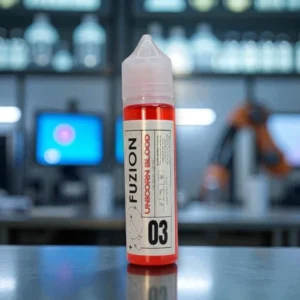 A bottle labeled "Fuzion Unicorn Blood" filled with a red liquid, set against a blurred background of a workspace with computer screens and equipment.